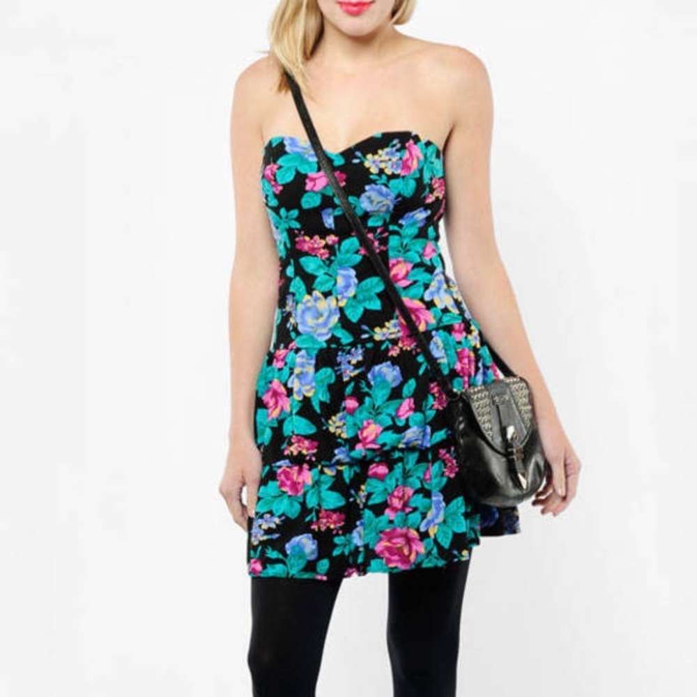 Mink Pink Black/Blue Brianna Floral Strapless Shirt Dress